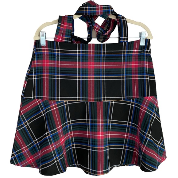 Copper Key NWT Square Neck Criss Cross Strap Plaid Print Jumper Skirt Overall - Picture 3 of 6